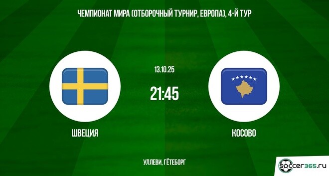 Швеция - Косово 13.10.2025 ЧМ-2026 2 смотреть без подписки