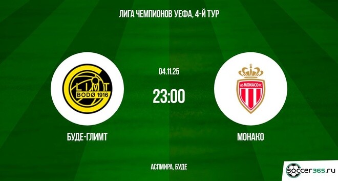 Смотреть Будё-Глимт - Монако 04.11.2025 Лига чемпионов бесплатно