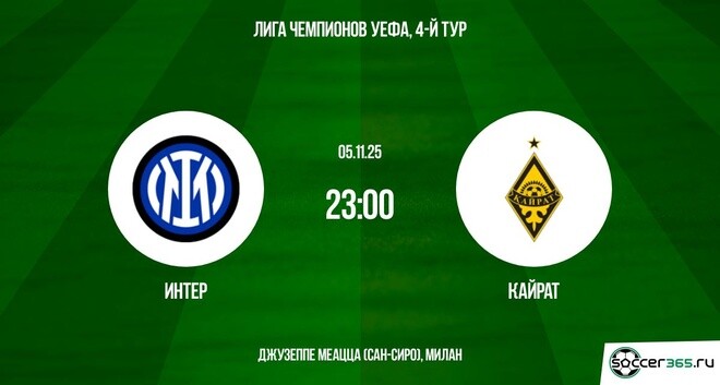 Интер М - Кайрат 05.11.2025 Лига чемпионов бесплатно в хорошем качестве лордфильм