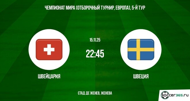 Швейцария - Швеция 15.11.2025 ЧМ-2026 2 смотреть бесплатно